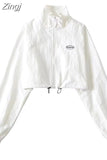 Vintage High Waist Streetwear Women Coats Jazz Summer Short Jackets Solid Crop Tops Fashion Thin Y2k Zipper