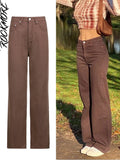 Brown Vintage Baggy Jeans Women 90s Streetwear Pockets Wide Leg Cargo Pants Low Waist Straight Denim