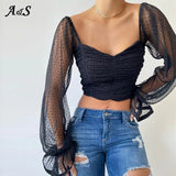 Polka Dot Blouse Women Mesh Shirts Pink Tops Sweet Neckline Lantern Sleeve Ruched Blouse White Blusas Vintage