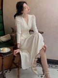 V-neck Long Sleeves Midi Dresses for Women 2023 Autumn New Elegant Party Fashion Slim Vintage Casual Blue Female