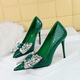 Zingj Korean Version Of Fashion Banquet High Heels Fine Heel Super High Heel Shallow Mouth Pointed Water Diamond Bow Single Shoe