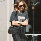 Cotton T-Shirt Women Summer 2021 Washed Faded Black Rock Vintage Tees Tops Fashion Streetwear Tshirt