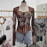 Quality Explosion Fang Lace Splicing Tie-Dye Mesh Long Sleeve Tight Babes With Chest Pads Short Top