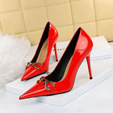 Zingj High-Heeled Women's Shoes Fine Heel Bright Face Lacquer Leather Shallow Mouth Tip OL High Heel Metal Belt Buckle Single