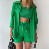 Women's Wrinkle Collar Long-Sleeved Shirt High-Waisted Rope Shorts Fashion Casual Two-Piece