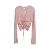 Han Shied Bare Back Drawstring Blouse Woman Summer Small Casual Wear Thin Hoodie Short-Sleeved T-Shirt