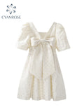 Summer Women's Clothes Mini Princess Dress Kawaii Elegant Bow Puff Sleeve V-Neck Party Dresses Sweet Mori Girl A-line