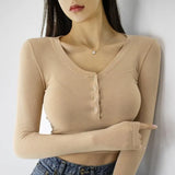 V-Neck Sexy Crop Top female long Sleeve Sashion Solid Color lady Tees Comfy Summer Basic Chic Thin T shirt See