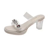 Water Drill Transparent Crystal Heel Sandals Women's Summer With High-End Feel Coarse Slippers High Heels Outside Wearing Cool