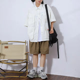 Zingj Cityboy Solid Color Multi-Pocket Overalls Short-Sleeved Shirt Men And Women Loose Retro Function Shirt