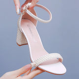 Cm Thick Heel And Light Mouth With Sandals Round Head Square Sandals White Pearl Wedding Shoes Size 44 Yards 45