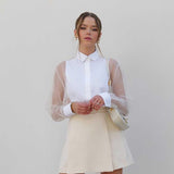 Zingj / Summer 2023 Fashion Shirt Women's Long Sleeve Lapel Organza Patchwork Shirt Top Transparent Sexy Women's Clothes-Outfit