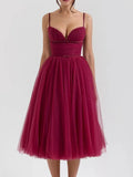 Sweetheart Neckline Strap Tulle Frill Midi Dress- Outfit