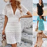New Beach Dress Corrugated Hollow Dress Deep V Elastic Waist Hot Beach