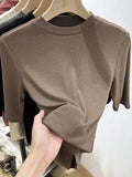 Zingj Wind Advanced Sense Pure Color Half High Collar Five Minutes Sleeve Sleeve T Shirt Female Slim Slim Inside The Bottom Shirt