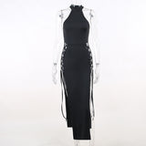Summer New Knitted High-Necked Sleeveless Hollowed-Out Dress Sexy Spicy Girl Slim Long