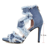 Sgesvier Stiletto High Heels Gladiator Sandals for Women Cutout Jean Denim Tassel Fringe Sandal Shoes Summer Ladies size