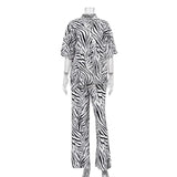 Zingj Satin Zebra Striped Suit Female 2023 Summer Short Sleeve Shirt High Waist Trousers Two-Piece Set-Outfit