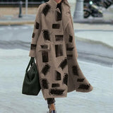 Winter Long Sleeve Jacket Outwear High Street Ladies Loose Pattern Printed Lapel Long Coat Office Fashion Women Woolen