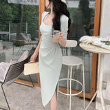 New Elegant Midi Dress For Women Bodycon Office Lady Solid One Piece Slim Clothing Femme Fashion