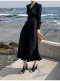 New Elegant Midi Black Shirt Dress With Belt For Women Solid A Line Femme Fashion Office Lady Clothing