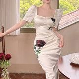 Women Elegant Midi Satin Rose Dress Summer Lady Fashion Sexy Party Female Slim One Piece Clothes