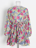 French Vintage Holiday Dress 2025 Summer New Fashion Design Smashed Flower With Long Sleeve Short
