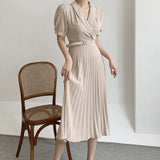 Women Elegant Waist Belt Solid Ankle-Length Dress Office Lady Puff Sleeve Pleated Dress 2021