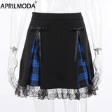 Black Plaid Lace skirts Womens Girls Y2K Summer Vintage Kawaii Streetwear Cute Mini Pleated Skirt Gothic Hippie Kawaii