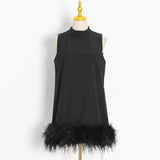 Zingj Design Sense Solid Color A-Line Skirt 2024 Spring Round Collar Sleeveless Hem Ostrich Hair Decoration Loose