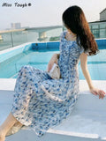 Floral Print Dress Women Summer Elegant Party Midi Dress Casual Puff Sleeve Holiday Lady Dedigner Chic Korean Dress