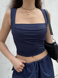 2022 Summer y2k Blue Cargo Pants Womens Outifit Drawstring Baggy Sexy Crop Top and Low Waist Wid Leg Pant Set