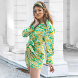 Vintage Green And Yellow Floral Print Shirt-Style Mini Dress 2021 Summer Chic Long Sleeve Wrap Tied Casual