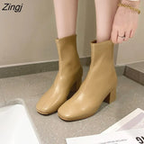 Brand Women Beige 7cm Block High Heels Ankle Boots 2023 Winter Female Square Toe Chelsea Boots High Quality Short