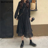Elegant Polka Dots Print Women Chiffon Dress Vintage Loose Long Dress Lace-up Female A-line Vestidos femme