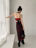Punk Vintage High Waisted Mesh Skirt Womens 2021 Summer Red Ladies Long Midi Skirts Trend High Fashion