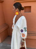 Flower Print Women's Lantern Sleeve Long Dress Sexy V Neck Backless Lace Up Loose Vestido 2024 Chic Lady Vacation