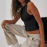 Zingj Women's New Sexy Crop Sleeveless Tight Bottom Shirt Round Collar I-Vest Wear-Outfit