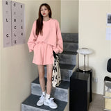 Spring Summer Loose Tracksuits Solid Color Two Piece Set O-neck Sweatshirts and Shorts