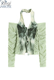 New Autumn Vintage Gauze Hollow V-Neck Off-Shoulder Green Tie Dyed E-girl Crop Tops Women's Party Club Sexy T-Shirt