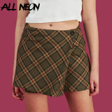 Vintage Plaid A-line Mini Skirts One Button High Waist Short Skirts for Women Chic E-girl Style Bottoms Streetwear