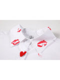 Early Autumn Ladies New Style Lip Print Heart Print Shirt Women Fashion Loose White Long Sleeved Temperament Button