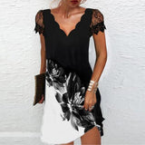 Elegant Dresses Summer Fashion Sexy V Neck Lace Short Sleeves Mini Dresses Ladies Vintage Black Club Party Dress