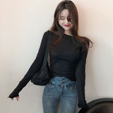 Color Slim Bottomed Shirt Women Casual Korean O-Neck Show Thin Solid Color Long Sleeve T-shirt Blouse Female