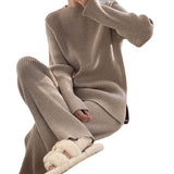 Zingj Color Sweater Open Fork Wide Leg Pants Two Sets Of Fashion Lazy Wind Knit Sweater Woman-Outfit