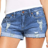 Elastic Holes Ripped Denim Shorts Woman-Outfit