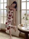 Women Spaghetti Strap Midi Elegant Rose Dress Sleeveless Party Beach Sexy Vestidos One Piece