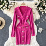 Knitted Pencil Dress Korean Long Sleeve V Neck Elastic Slim Dress Autumn Winter Sexy Bodycon Warm Sweater