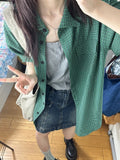 Summer Short Sleeve Plaid Loose Women Blouse Y2k Aesthetic All Match Single Breasted Blusas Fashion Harajuku Pocket