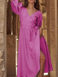 Women Fashion V-Neck Solid Draped Maxi Dress Elegant Lace-Up Slim Waist Split Dresses Summer Puff Short Sleeve Loose Long